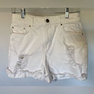 Zara Women - Fun distressed high rise relaxed fit white denim shorts. Size 4.